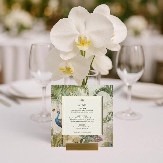 Carte de menu du Carré Tropical Peacock Palm Maria (Elegant Peacock & Palm Wedding Menu Card – Tropical Reception Table Decor)