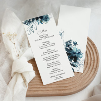 Carte de menu du dîner bleu floral de la Marine cé