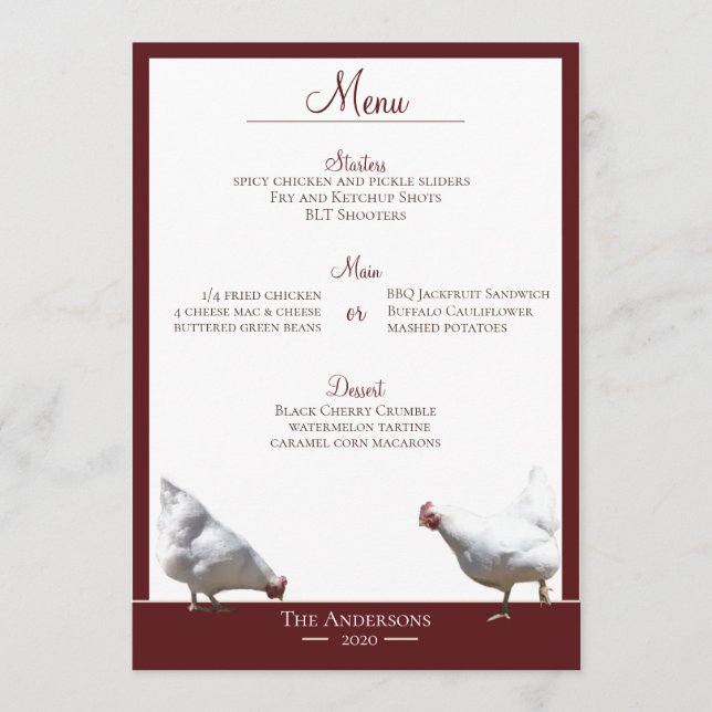 Carte de menu du dîner du poulet de la ferme à por