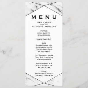 Carte de menu du dîner en marbre blanc et noir