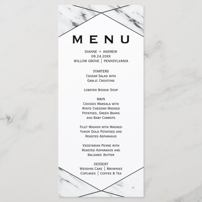 Carte de menu du dîner en marbre blanc et noir (Devant)