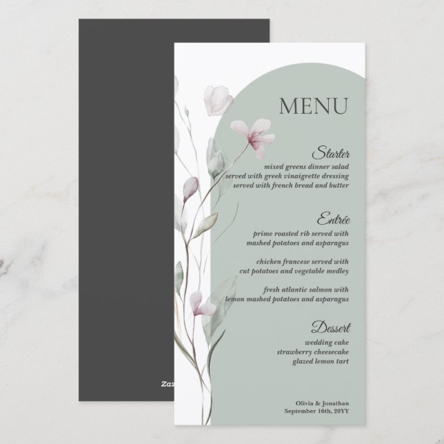 Carte de menu du Mariage botanique 4x8" Watercolor (Devant / Derrière)