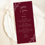 Carte de menu du Mariage botanique de Bourgogne ru<br><div class="desc">Cette belle carte de menu de réception de mariage dispose d'un charmant arrière - plan bordeaux avec des fleurs sauvages dessinés à la main et une élégante typographie en blanc. Ensemble, ces éléments créent un menu de mariage rustique mais élégant qui serait parfait pour un mariage romantique à tout moment...</div>
