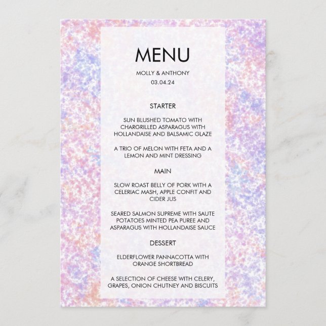 Carte de menu du Mariage couleur aquarelle (Devant)