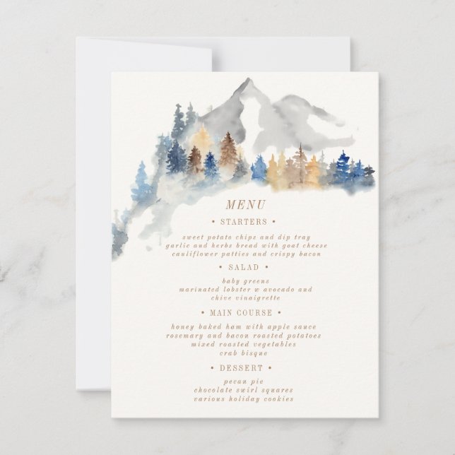 Carte de menu du Mariage d'aquarelle Rustic Mounta (Devant)
