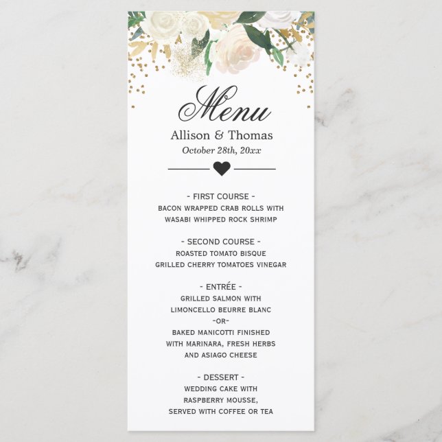 Carte de menu du Mariage de fleurs vertes d'or (Devant)