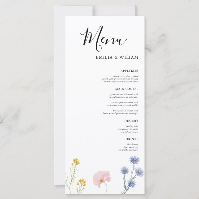 Carte de menu du Mariage du Fleur sauvage botaniqu (Devant)