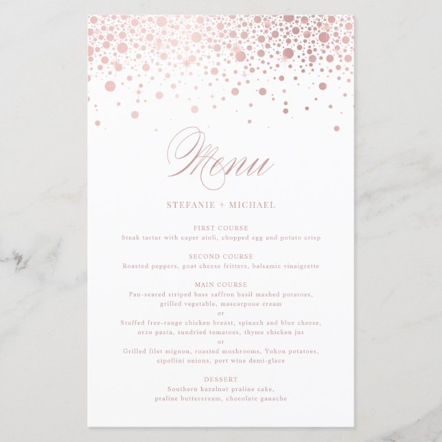 Carte de menu du Mariage Faux Rose Gold Foil Confe (Devant)