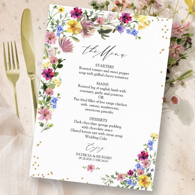 Carte de menu du Mariage Fleur sauvage Boho Chic (Créateur téléchargé)