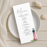 Carte de menu du phare de réception de mariage de<br><div class="desc">Élever votre réception de mariage sur la plage avec ce menu de dîner élégant, conçu pour coordonner avec ma collection d'aquarelle Jupiter Lighthouse. Idéal pour un mariage à la plage en Floride, ce décor mariage pour la réception ajoute une touche personnalisée à vos noms et à vos choix de repas,...</div>