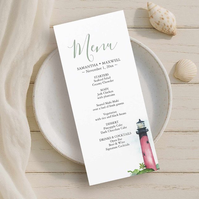 Carte de menu du phare de réception de mariage de  (Beach wedding in Florida features watercolor Jupiter lighthouse menu card by Victoria Grigaliunas)