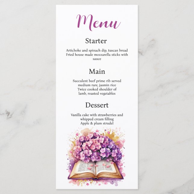 Carte de menu du thème du livre Hydrangea (Devant)