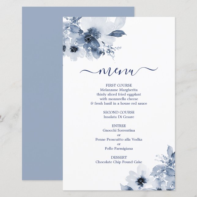Carte de menu Dusty Blue Floral (Devant / Derrière)