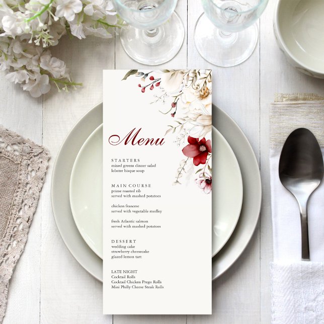 Carte de Menu Elégance d'Hiver de Bourgogne (Burgundy Winter Elegance Menu Card on a white and silver wedding dinner table.)