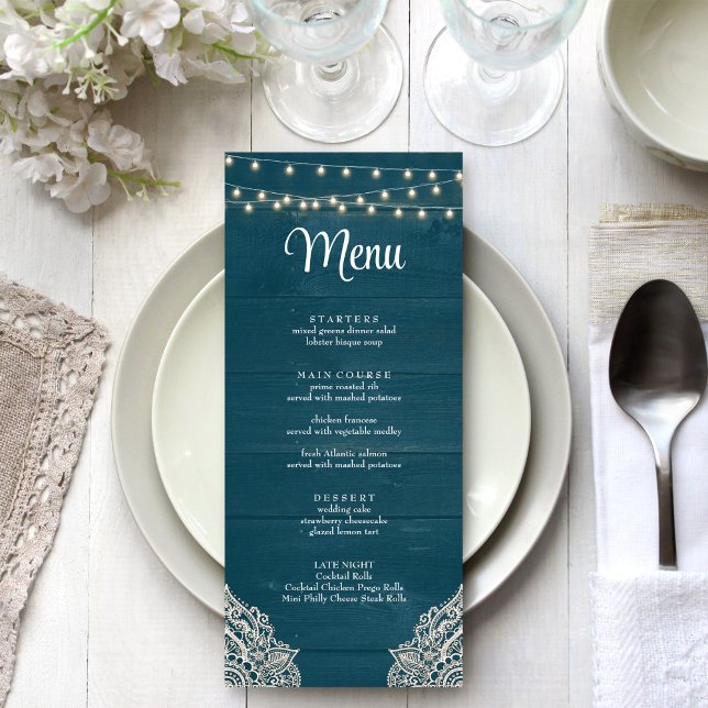 Carte de Menu Élégance Rustique Sarcelle Foncé (Dark Teal Rustic Elegance Menu Card on a white silver boho wedding table.)