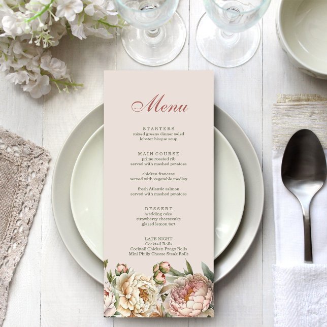 Carte de menu Elegant Blush Watercolor Peonies (Elegant Blush Watercolor Peonies Menu Card on a light wedding dinner table.)