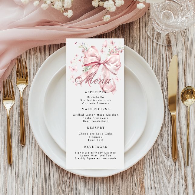 Carte de menu Elégant Coquette Rose Bow Pearls (Pink Bow Pearls Menu Card)