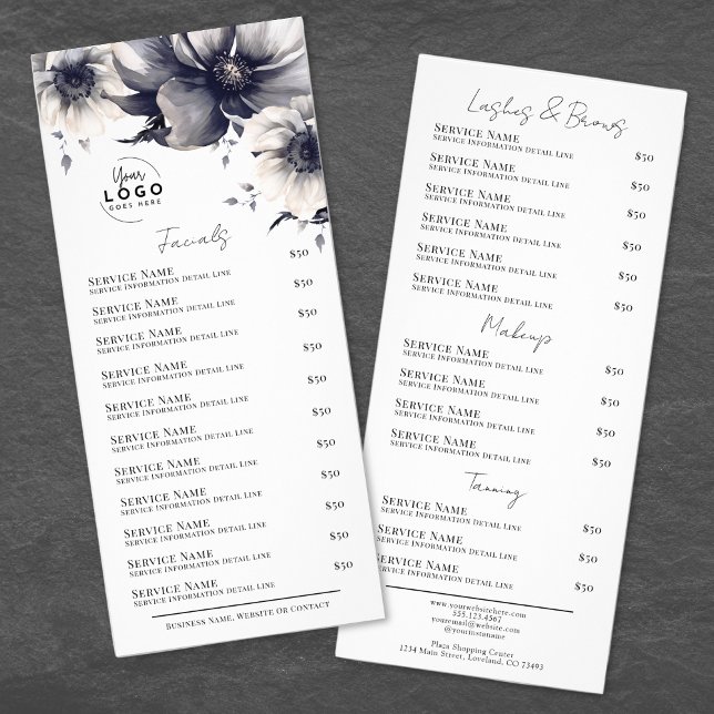 Carte de menu élégant noir et blanc pour les servi (Black White Elegant Spa Services Menu Rack Card)