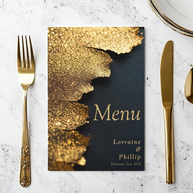 Carte de menu Elegant parties scintillant Gold et  (A luxurious gold foil texture effect menu card. Sleek black background and elegant gold text)