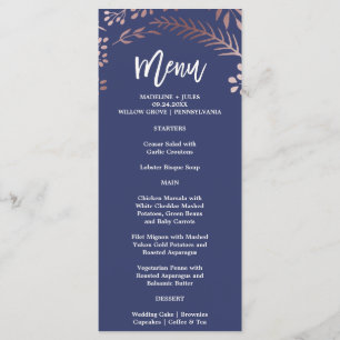 Carte de menu Elegant Rose Gold et Navy Mariage