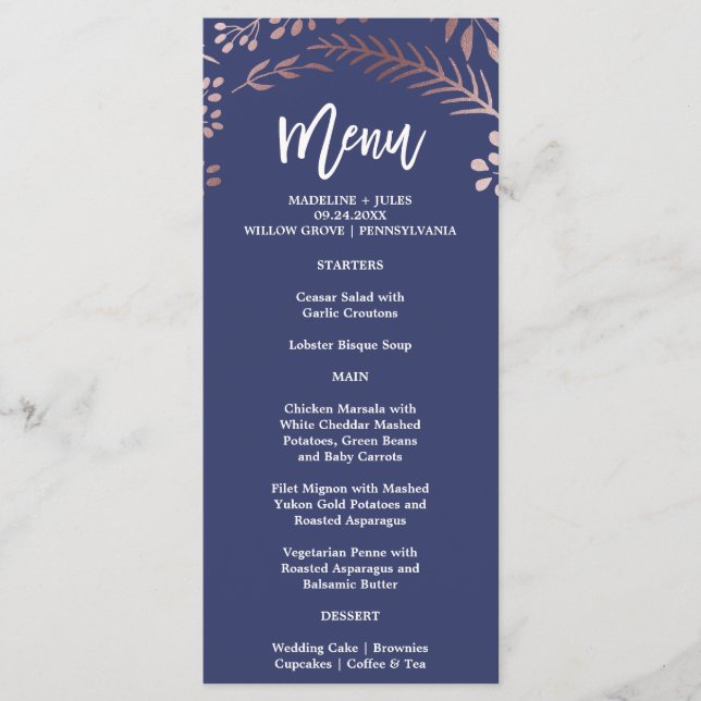 Carte de menu Elegant Rose Gold et Navy Mariage (Devant)