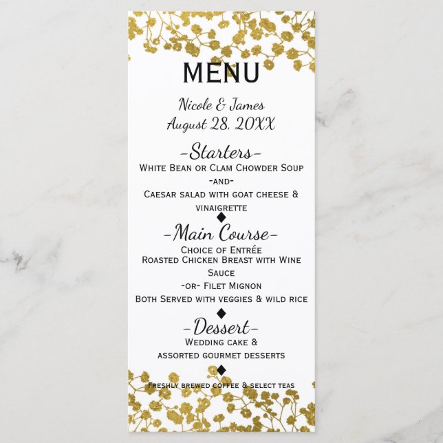 Carte de menu élégante blanche avec baby's breath  (Devant)