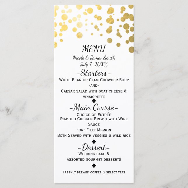 Carte de menu Elégante Confetti Gold White & Faux (Devant)