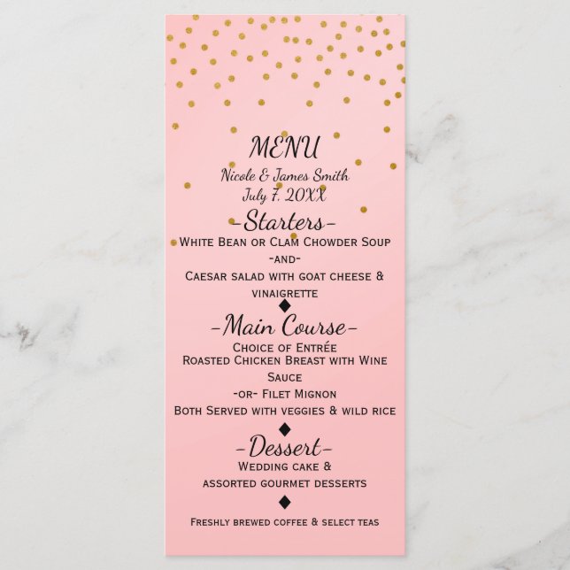 Carte de Menu Élégante Confettis Dorés Petits Rose (Devant)
