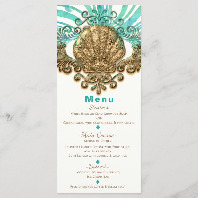 Carte de menu élégante de plage Glam coquillage or (Devant)