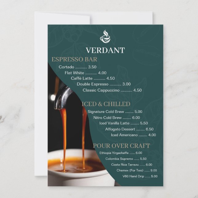 Carte de menu élégante de salon de café spécialisé (Devant)