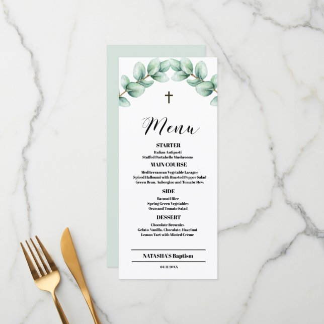 Carte de menu élégante et moderne pour baptême 4x9 (Devant/Arrière en situation)