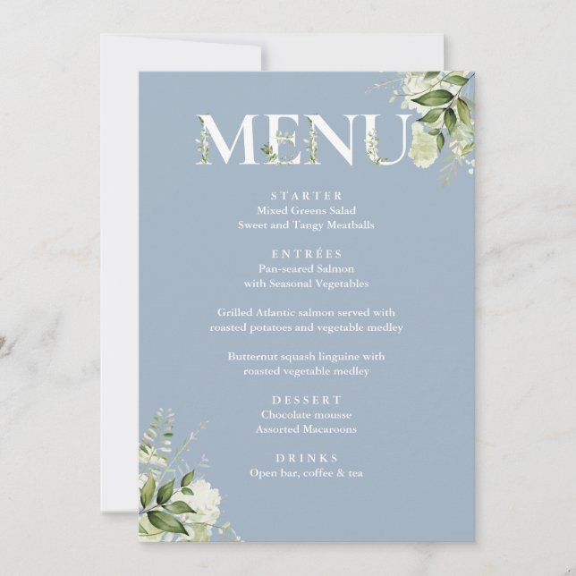 Carte de menu élégante fleurs verdure bleu poussié (Devant)