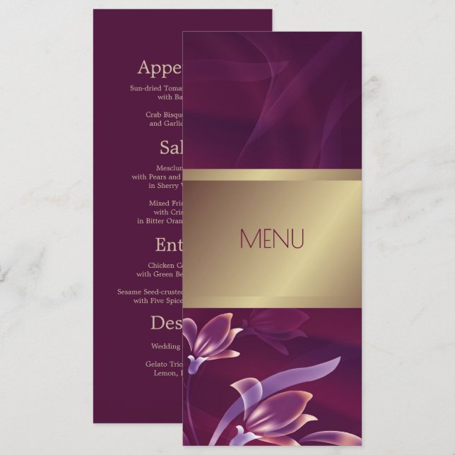 Carte de menu élégante florale bordeaux | Or (Devant / Derrière)