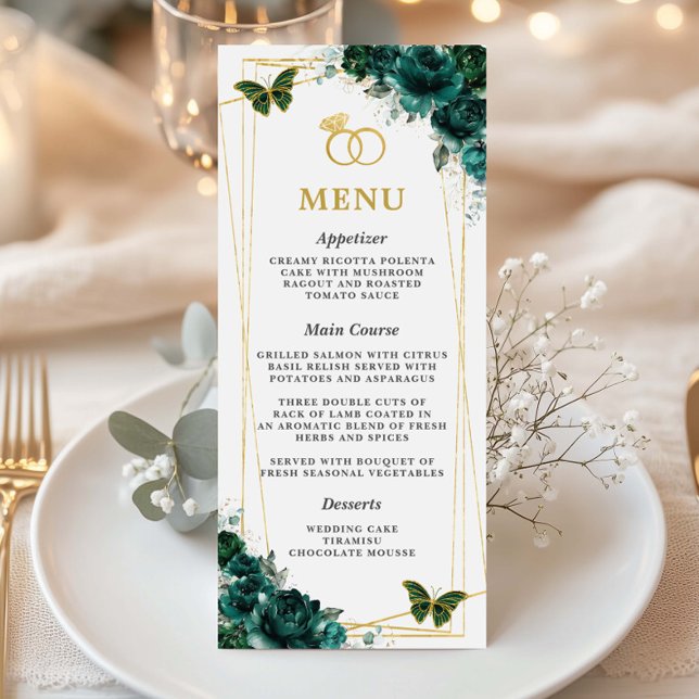 Carte de menu élégante papillons floraux vert émer (emerald-green-floral-gold-geometric-butterflies-slim-menu-cards-for-wedding-intertwined-gold-rings)