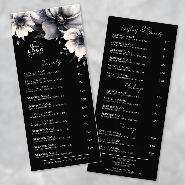 Carte de menu élégante pour les services de spa no (Elegant Black White Spa Services Menu Rack Card )