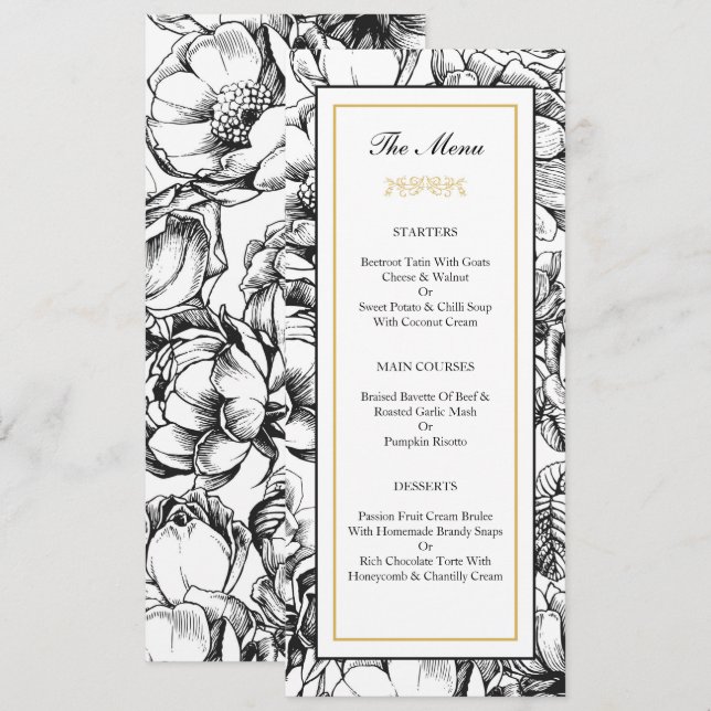 Carte de menu élégante pour mariage noir et or (Devant / Derrière)