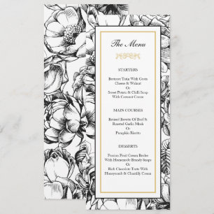 Carte de menu élégante pour mariage noir et or
