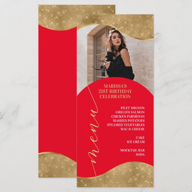 Carte de menu élégante rouge et or avec photo (Devant / Derrière)