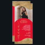 Carte de menu élégante rouge et or avec photo<br><div class="desc">La carte de menu présente des bordures dorées exquises et un design rouge audacieux qui ajoutent une touche d'élégance à votre événement spécial. Avec suffisamment d'espace pour ajouter une photo de la personne honorée, cette carte de menu est parfaite pour ajouter une touche personnelle à votre célébration. Que vous organisiez...</div>