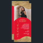 Carte de menu élégante rouge et or avec photo<br><div class="desc">La carte de menu présente des bordures dorées exquises et un design rouge audacieux qui ajoutent une touche d'élégance à votre événement spécial. Avec suffisamment d'espace pour ajouter une photo de la personne honorée, cette carte de menu est parfaite pour ajouter une touche personnelle à votre célébration. Que vous organisiez...</div>