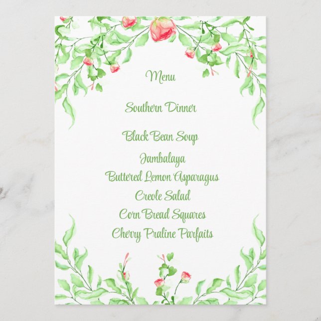 Carte de Menu Élégantes Roses Botaniques Rose Aqua (Devant)