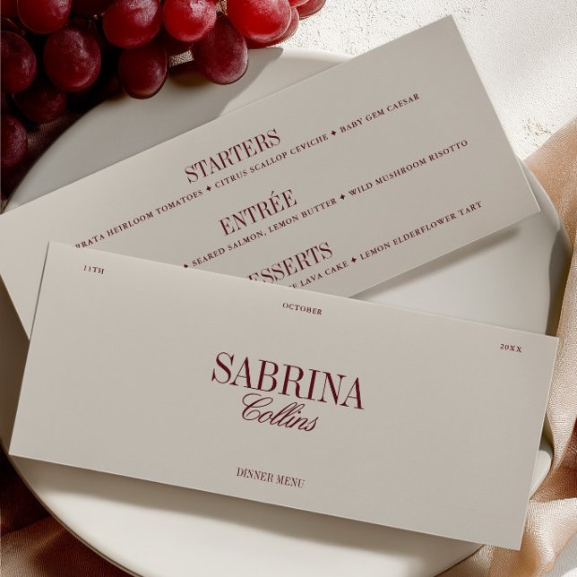 Carte de menu et de placement de mariage élégante  (Elegant Burgundy & Ivory Wedding Place Card & Menu)