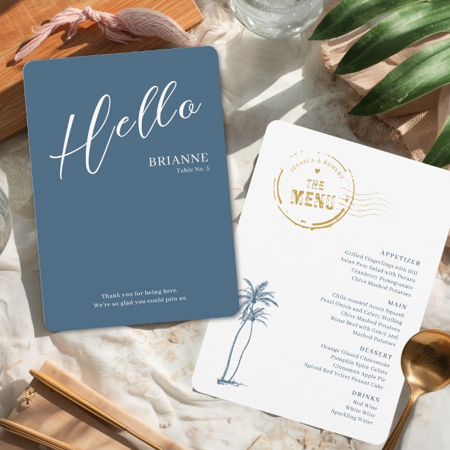 Carte de menu et de placement moderne pour mariage (Modern three in one menu, name card and greeting message.)