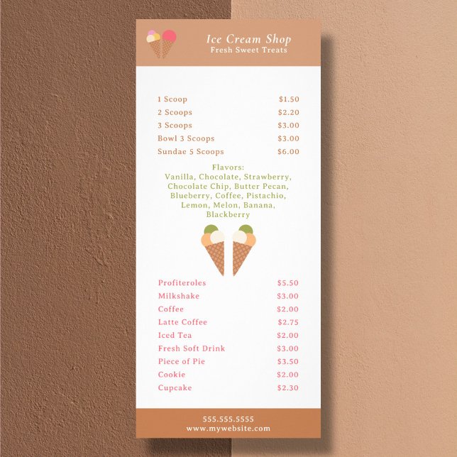 Carte de menu et de prix pour glace (Ice Cream Menu & Price List Rack Card)