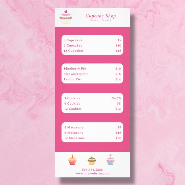 Carte de menu et de prix rose pour Cupcake (Cupcake Pink Menu & Price List Rack Card)