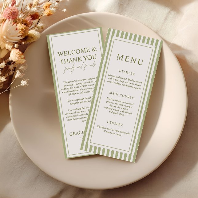 Carte de menu et de remerciement à rayures vert sa (Créateur téléchargé)