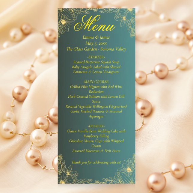 Carte de menu Fancy Green and Gold Floral Mariage (Créateur téléchargé)