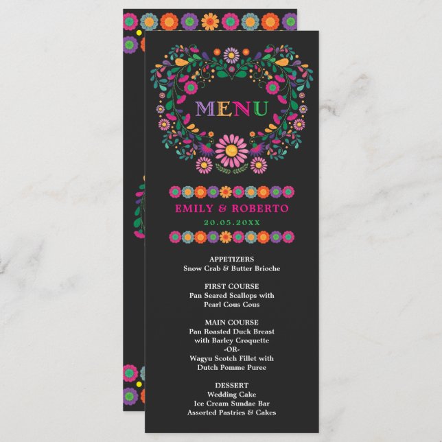 Carte de menu Fiesta Mariage Floral mexicain (Devant / Derrière)