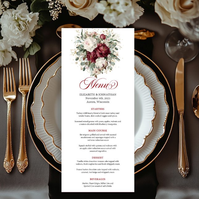 Carte de Menu Fleur d'Eucalyptus Rouge Foncé de Lu (Premium Deep Red Floral Eucalyptus Menu Card)