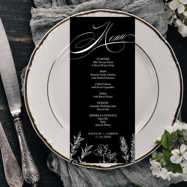 Carte de menu Fleur sauvage sombre élégante (Créateur téléchargé)